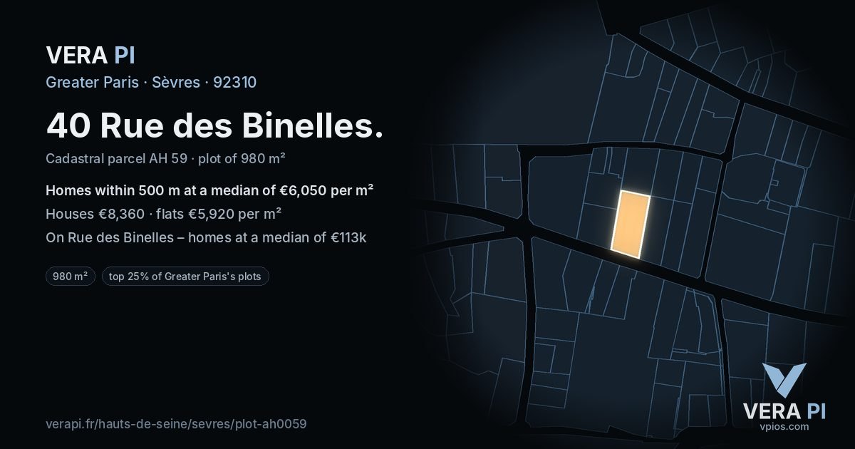 40 Rue des Binelles, Sèvres at night – the plot lit, the parcels around coloured by the prices near them