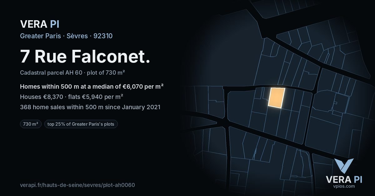 7 Rue Falconet, Sèvres at night – the plot lit, the parcels around coloured by the prices near them