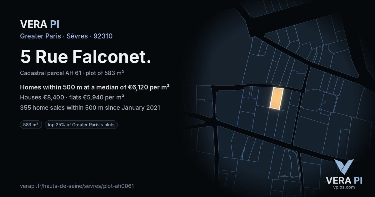 5 Rue Falconet, Sèvres at night – the plot lit, the parcels around coloured by the prices near them
