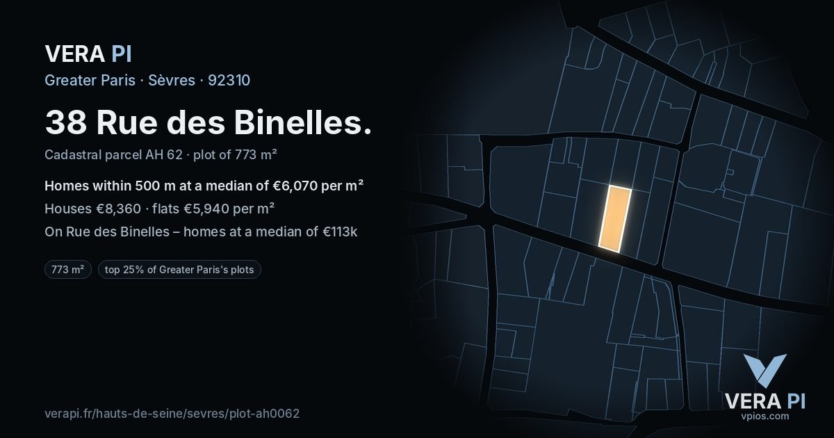 38 Rue des Binelles, Sèvres at night – the plot lit, the parcels around coloured by the prices near them