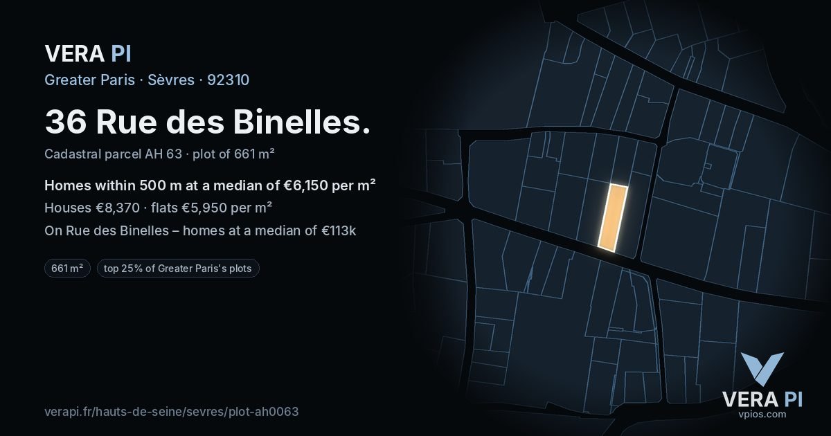 36 Rue des Binelles, Sèvres at night – the plot lit, the parcels around coloured by the prices near them