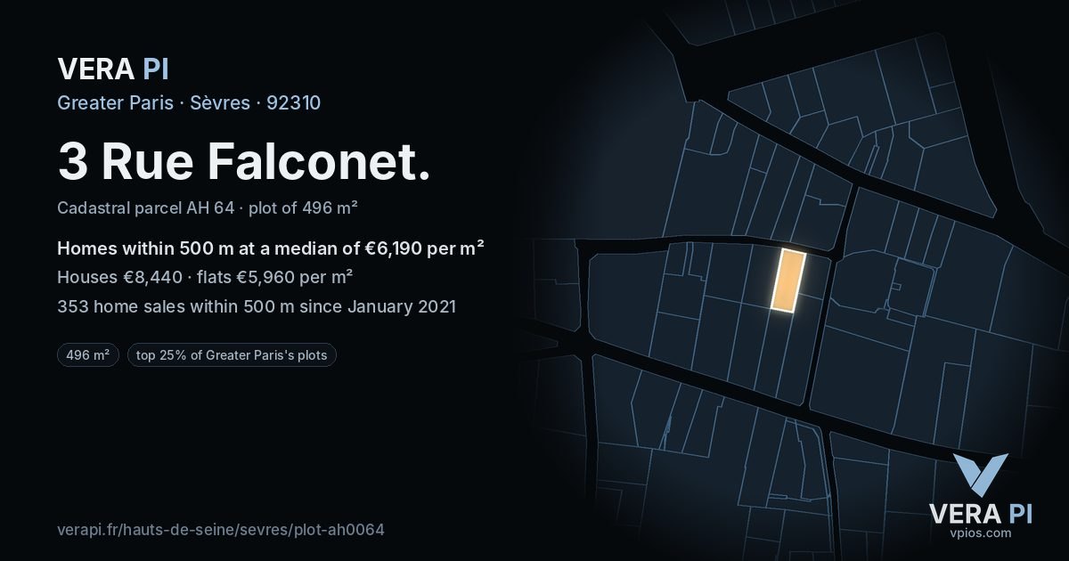 3 Rue Falconet, Sèvres at night – the plot lit, the parcels around coloured by the prices near them