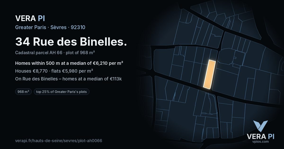 34 Rue des Binelles, Sèvres at night – the plot lit, the parcels around coloured by the prices near them