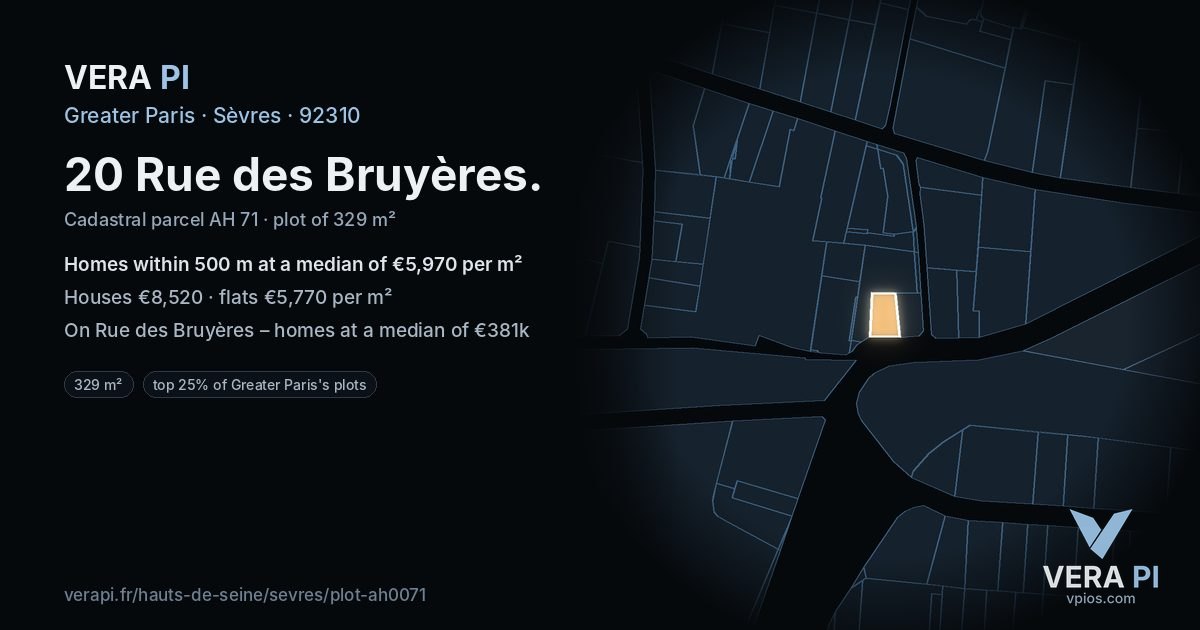 20 Rue des Bruyères, Sèvres at night – the plot lit, the parcels around coloured by the prices near them
