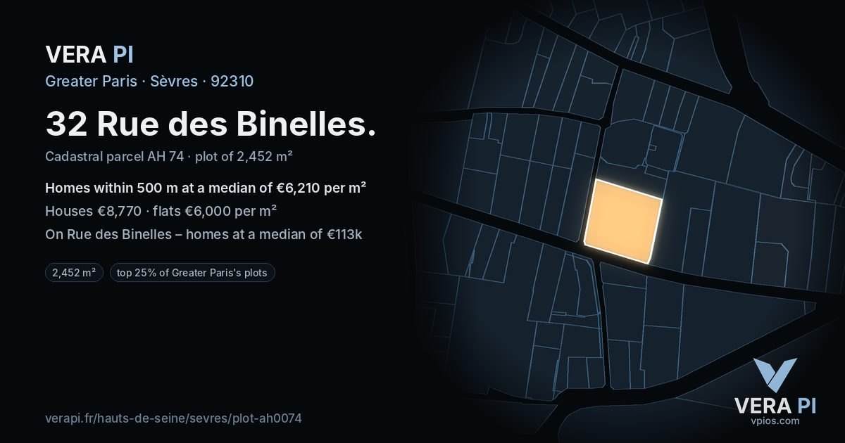 32 Rue des Binelles, Sèvres at night – the plot lit, the parcels around coloured by the prices near them