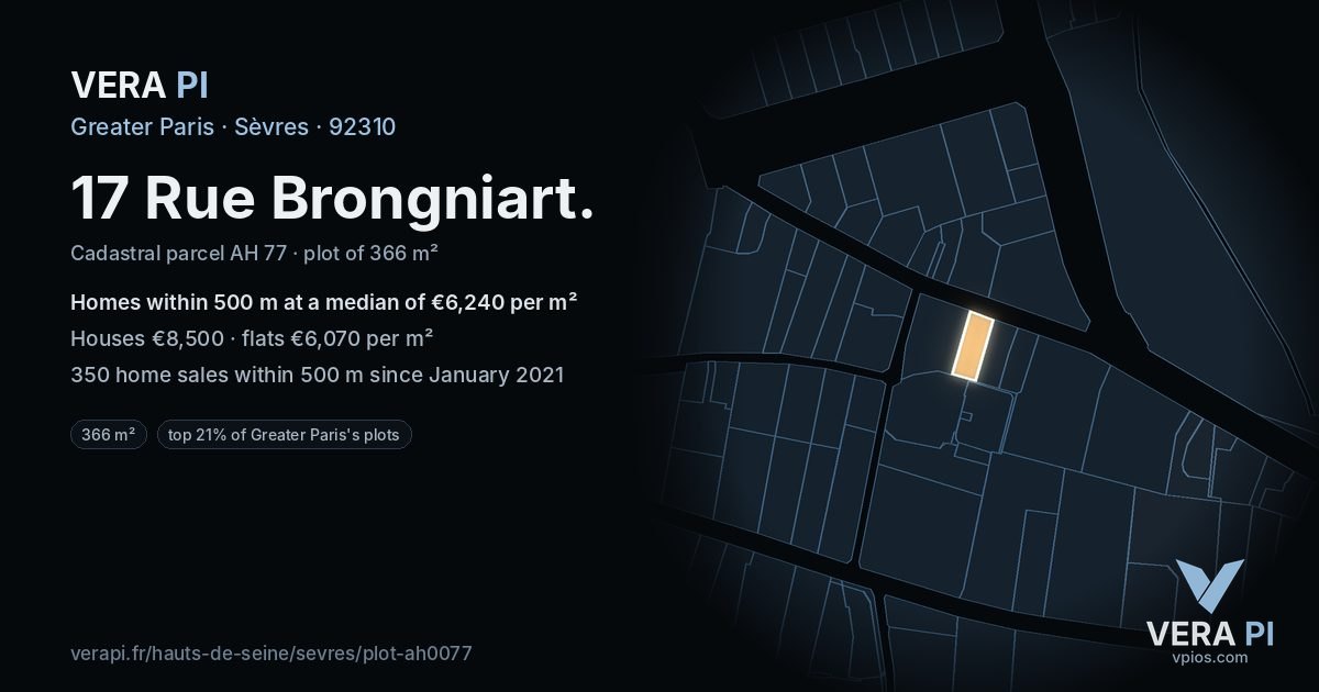 17 Rue Brongniart, Sèvres at night – the plot lit, the parcels around coloured by the prices near them