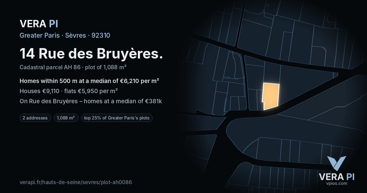 14 Rue des Bruyères, Sèvres at night – the plot lit, the parcels around coloured by the prices near them