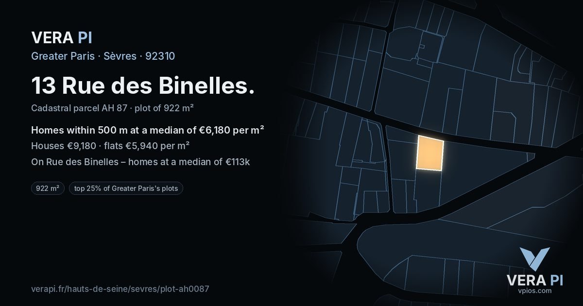 13 Rue des Binelles, Sèvres at night – the plot lit, the parcels around coloured by the prices near them