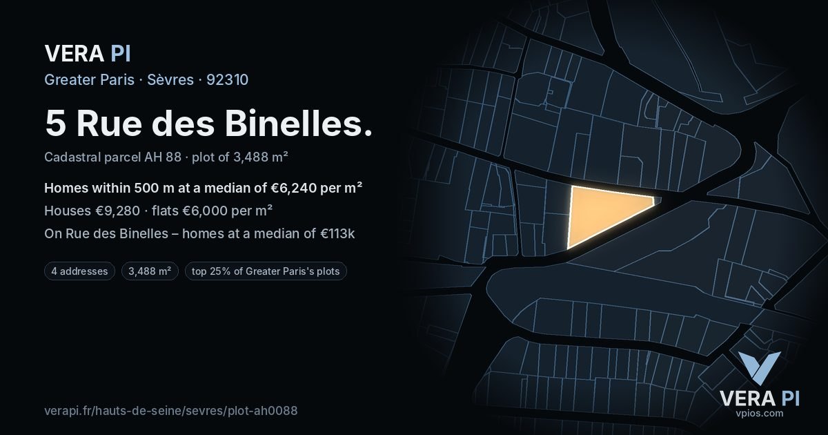 5 Rue des Binelles, Sèvres at night – the plot lit, the parcels around coloured by the prices near them