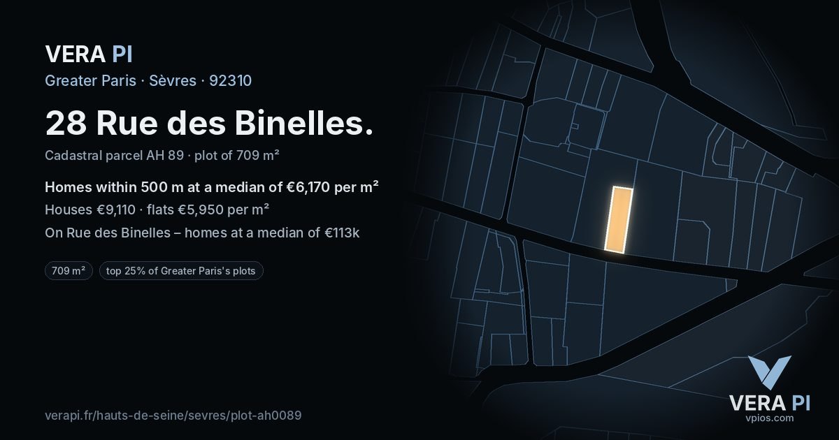 28 Rue des Binelles, Sèvres at night – the plot lit, the parcels around coloured by the prices near them