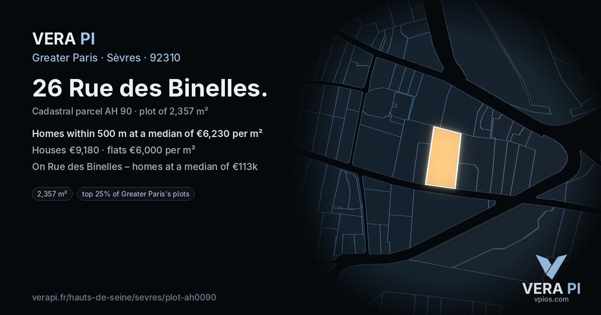 26 Rue des Binelles, Sèvres at night – the plot lit, the parcels around coloured by the prices near them
