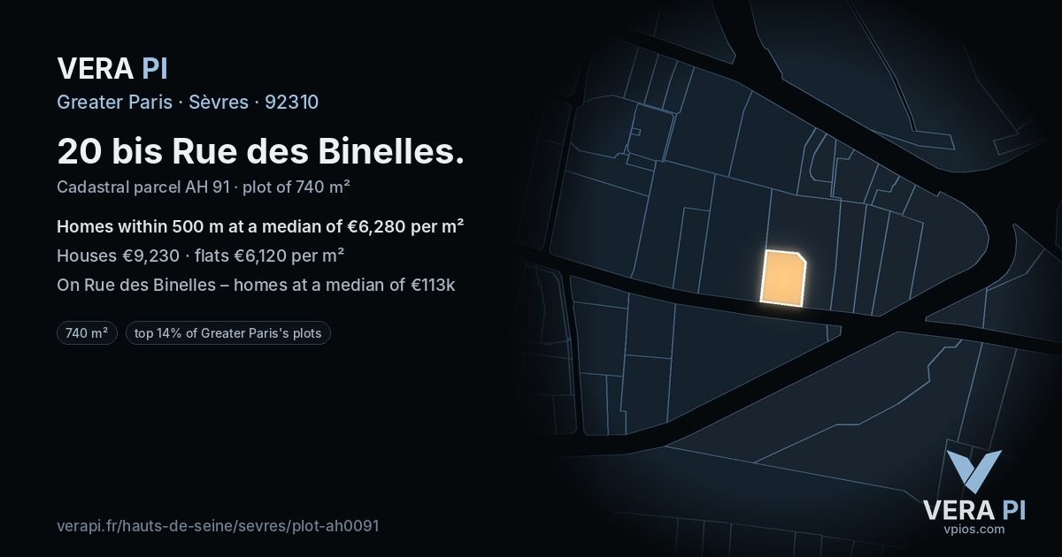 20 bis Rue des Binelles, Sèvres at night – the plot lit, the parcels around coloured by the prices near them