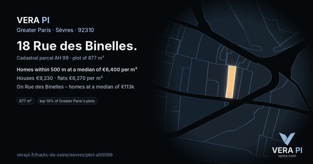 18 Rue des Binelles, Sèvres at night – the plot lit, the parcels around coloured by the prices near them