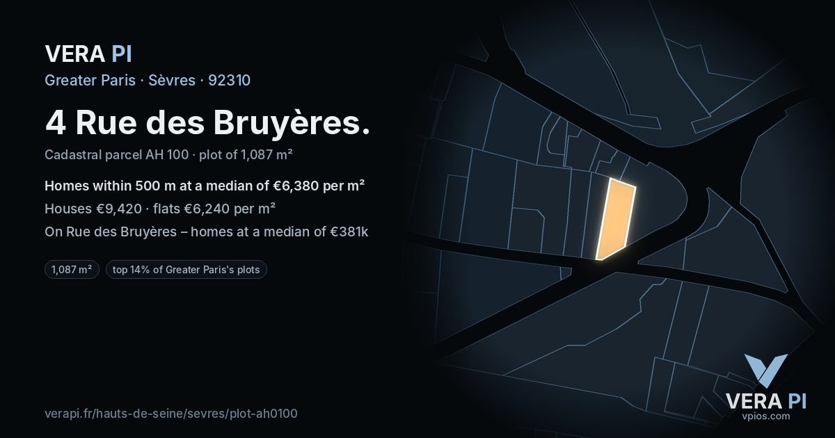4 Rue des Bruyères, Sèvres at night – the plot lit, the parcels around coloured by the prices near them
