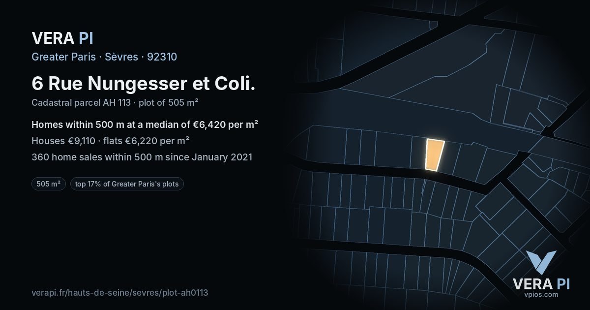 6 Rue Nungesser et Coli, Sèvres at night – the plot lit, the parcels around coloured by the prices near them