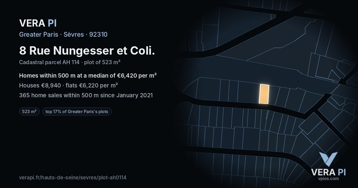 8 Rue Nungesser et Coli, Sèvres at night – the plot lit, the parcels around coloured by the prices near them