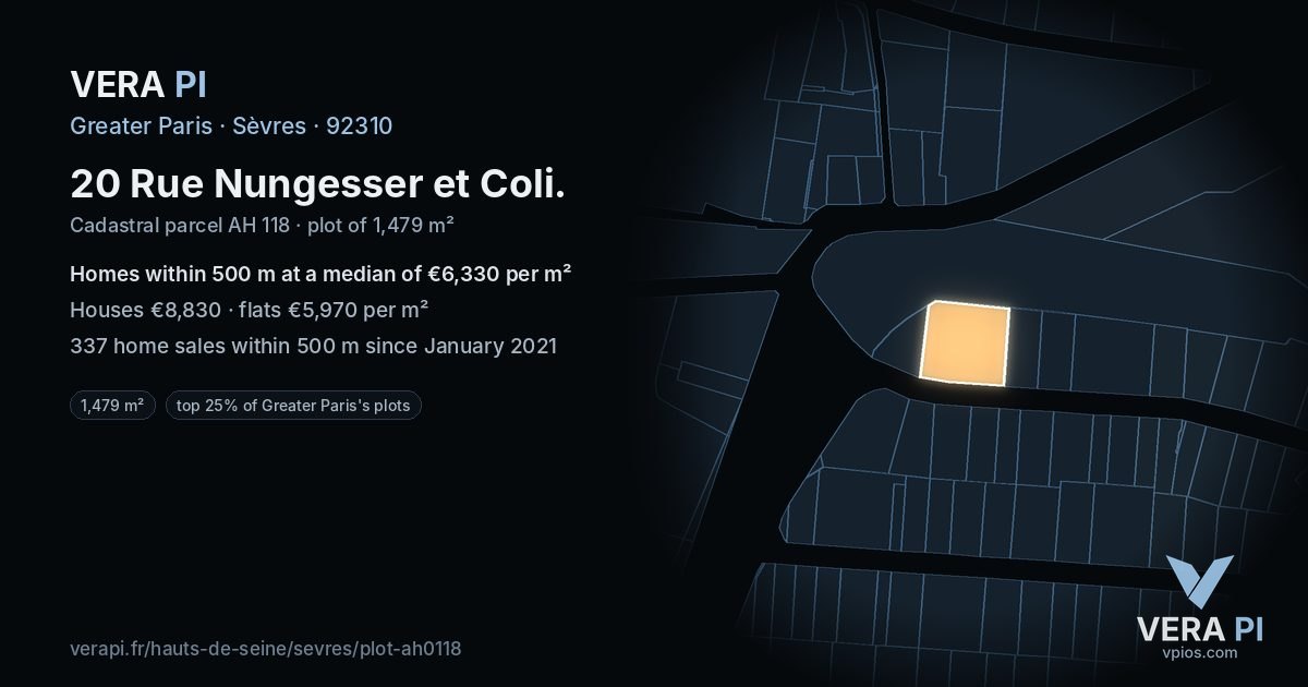 20 Rue Nungesser et Coli, Sèvres at night – the plot lit, the parcels around coloured by the prices near them