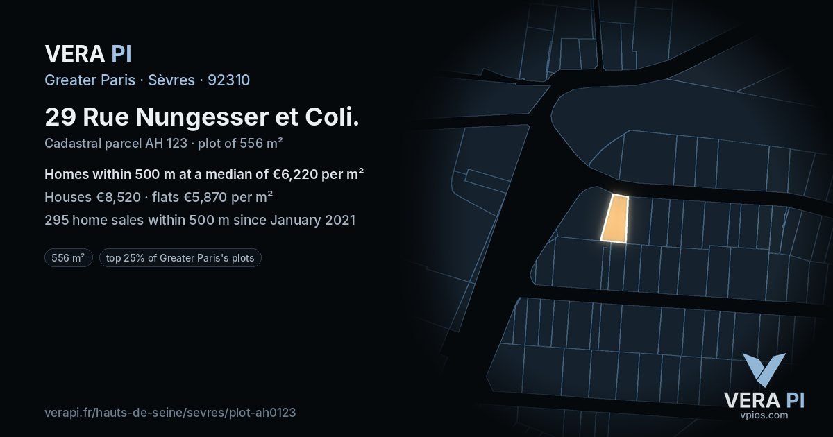 29 Rue Nungesser et Coli, Sèvres at night – the plot lit, the parcels around coloured by the prices near them