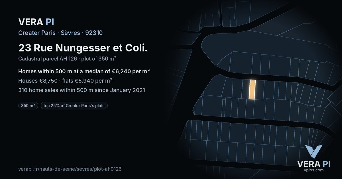 23 Rue Nungesser et Coli, Sèvres at night – the plot lit, the parcels around coloured by the prices near them
