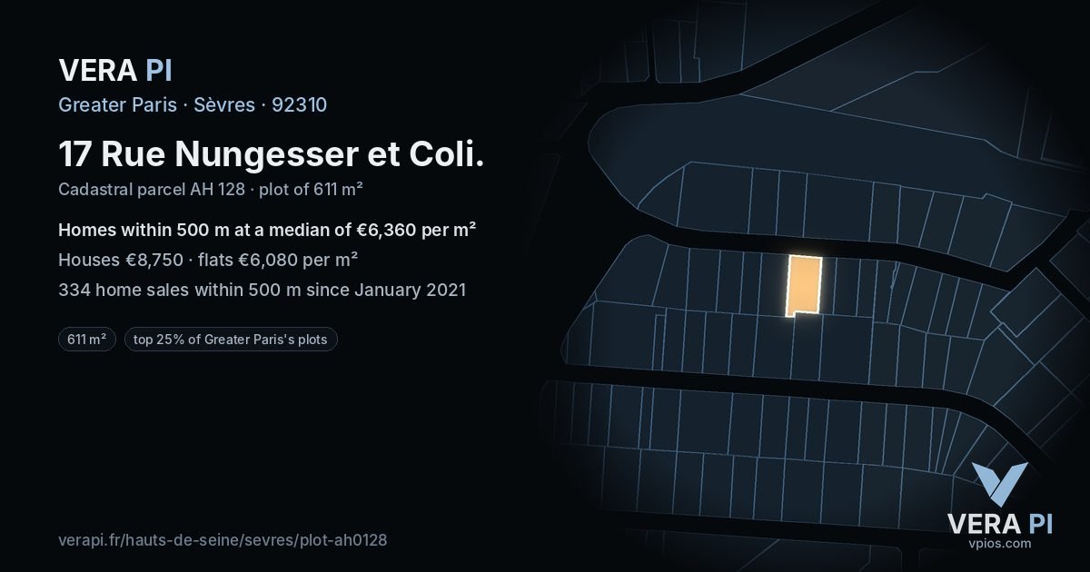 17 Rue Nungesser et Coli, Sèvres at night – the plot lit, the parcels around coloured by the prices near them