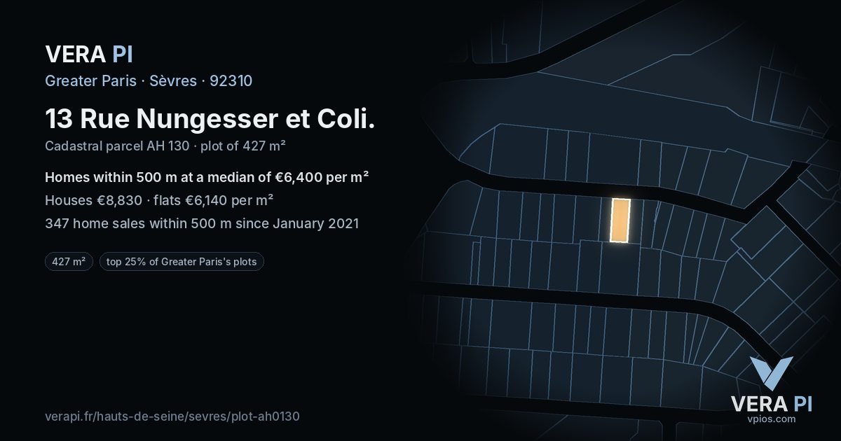 13 Rue Nungesser et Coli, Sèvres at night – the plot lit, the parcels around coloured by the prices near them