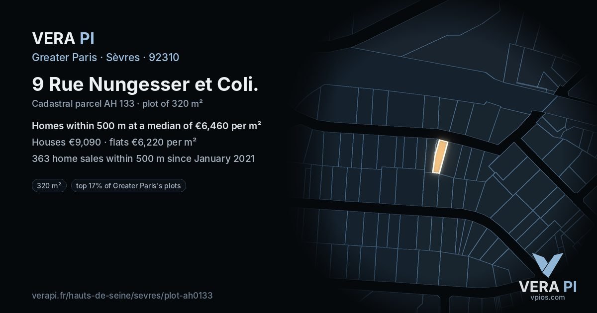9 Rue Nungesser et Coli, Sèvres at night – the plot lit, the parcels around coloured by the prices near them
