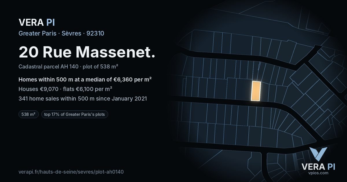 20 Rue Massenet, Sèvres at night – the plot lit, the parcels around coloured by the prices near them
