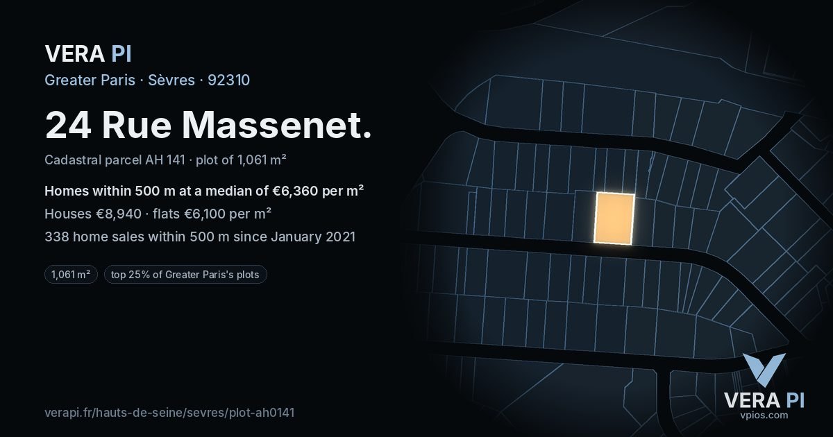 24 Rue Massenet, Sèvres at night – the plot lit, the parcels around coloured by the prices near them