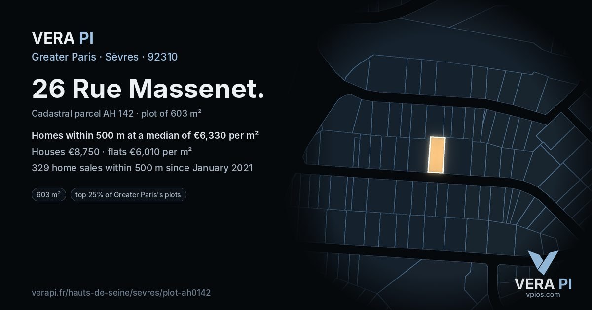26 Rue Massenet, Sèvres at night – the plot lit, the parcels around coloured by the prices near them