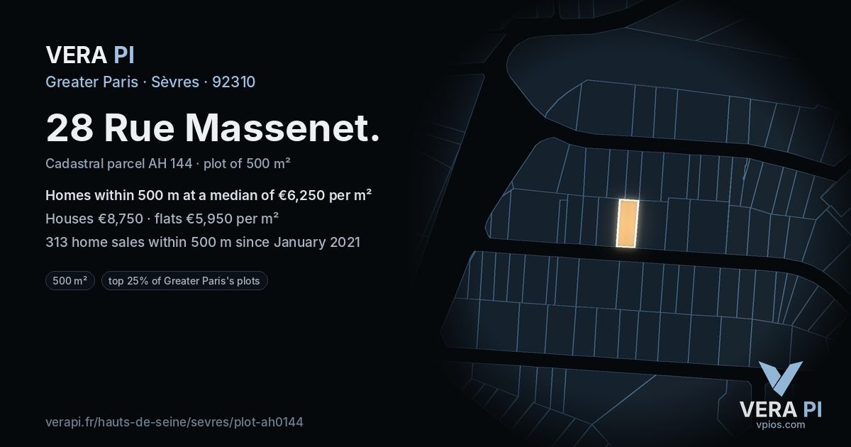 28 Rue Massenet, Sèvres at night – the plot lit, the parcels around coloured by the prices near them