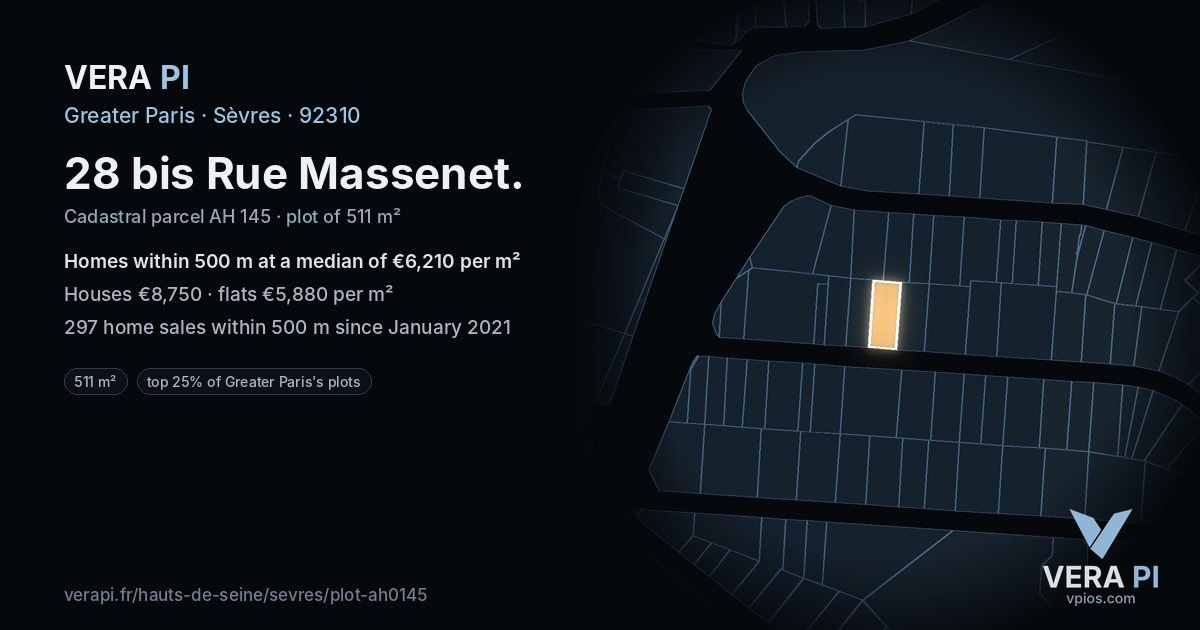 28 bis Rue Massenet, Sèvres at night – the plot lit, the parcels around coloured by the prices near them