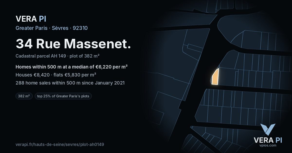 34 Rue Massenet, Sèvres at night – the plot lit, the parcels around coloured by the prices near them