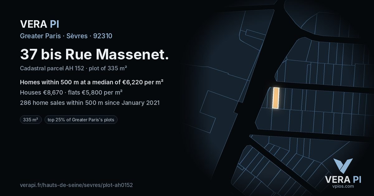 37 bis Rue Massenet, Sèvres at night – the plot lit, the parcels around coloured by the prices near them