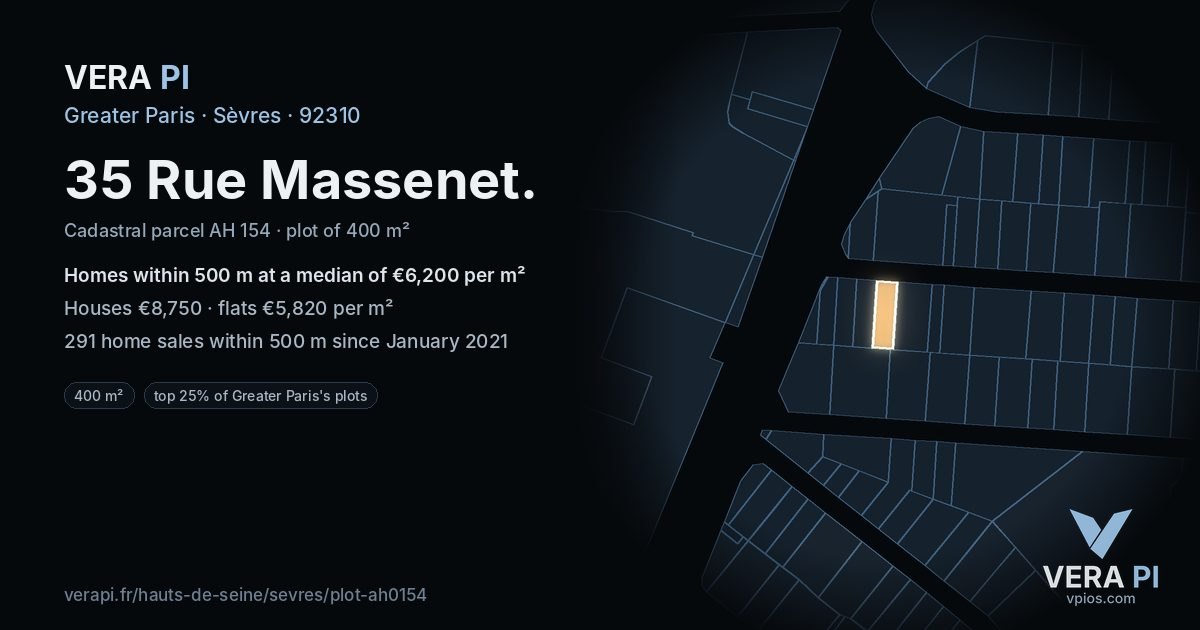 35 Rue Massenet, Sèvres at night – the plot lit, the parcels around coloured by the prices near them