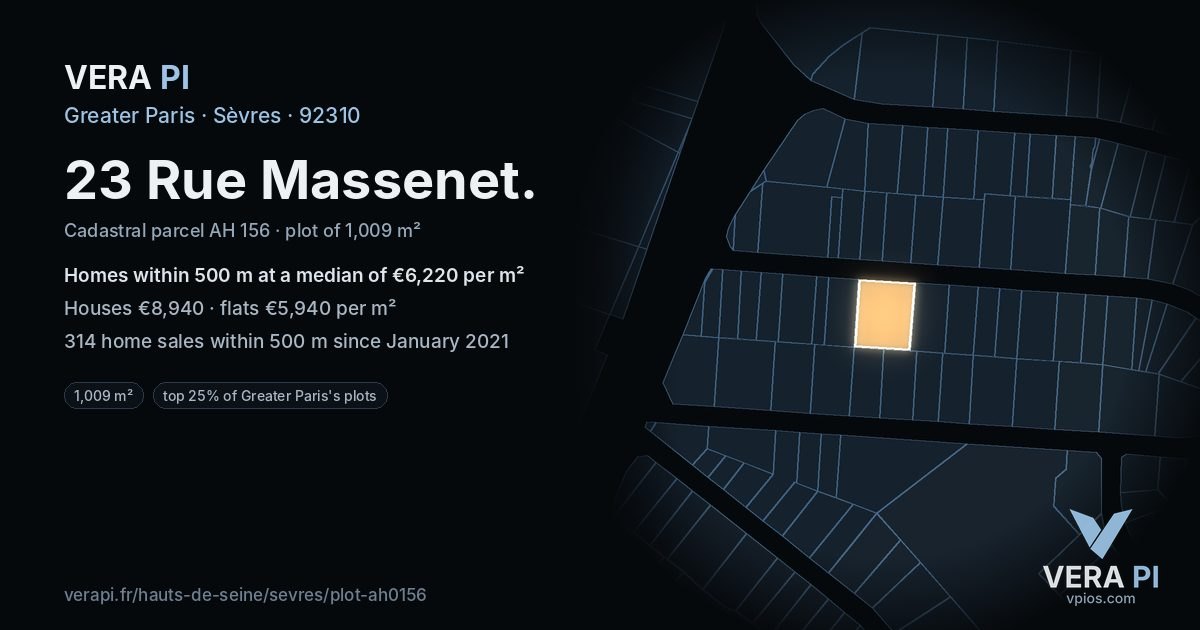 23 Rue Massenet, Sèvres at night – the plot lit, the parcels around coloured by the prices near them