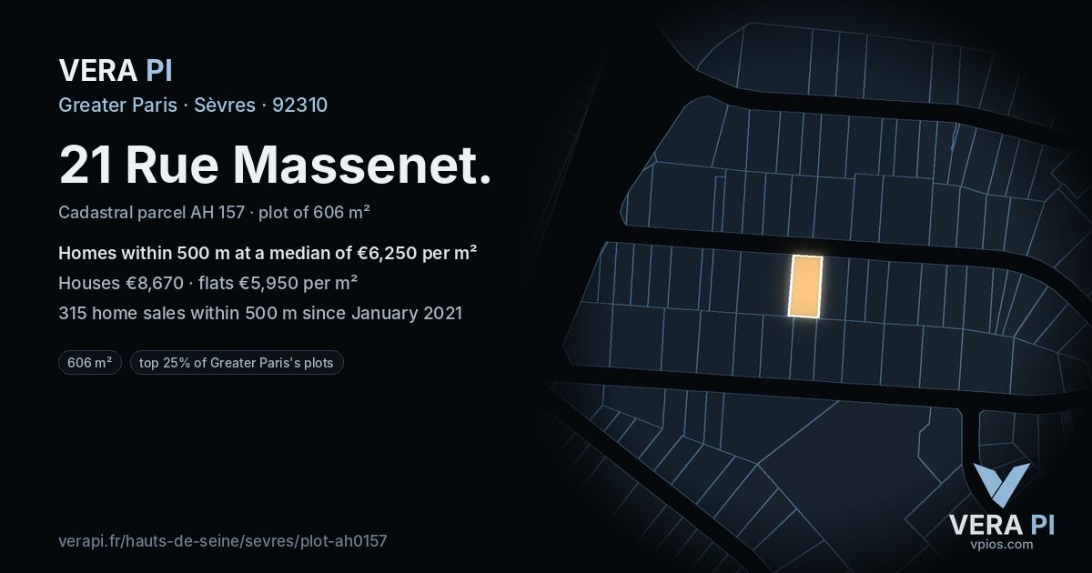 21 Rue Massenet, Sèvres at night – the plot lit, the parcels around coloured by the prices near them