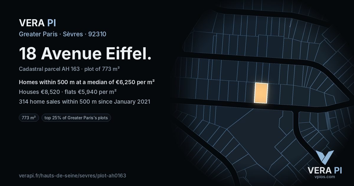 18 Avenue Eiffel, Sèvres at night – the plot lit, the parcels around coloured by the prices near them