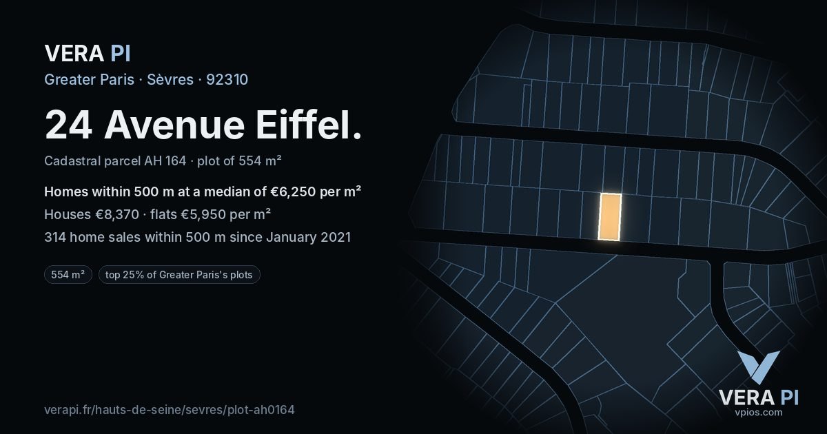 24 Avenue Eiffel, Sèvres at night – the plot lit, the parcels around coloured by the prices near them