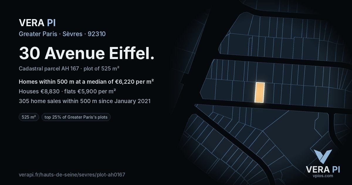 30 Avenue Eiffel, Sèvres at night – the plot lit, the parcels around coloured by the prices near them