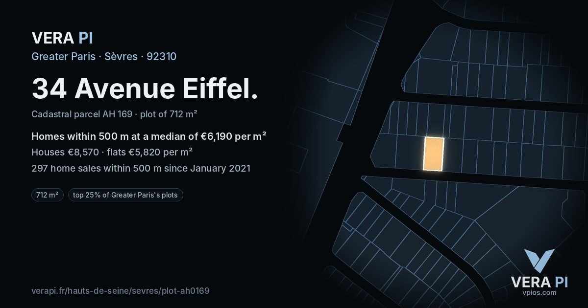 34 Avenue Eiffel, Sèvres at night – the plot lit, the parcels around coloured by the prices near them