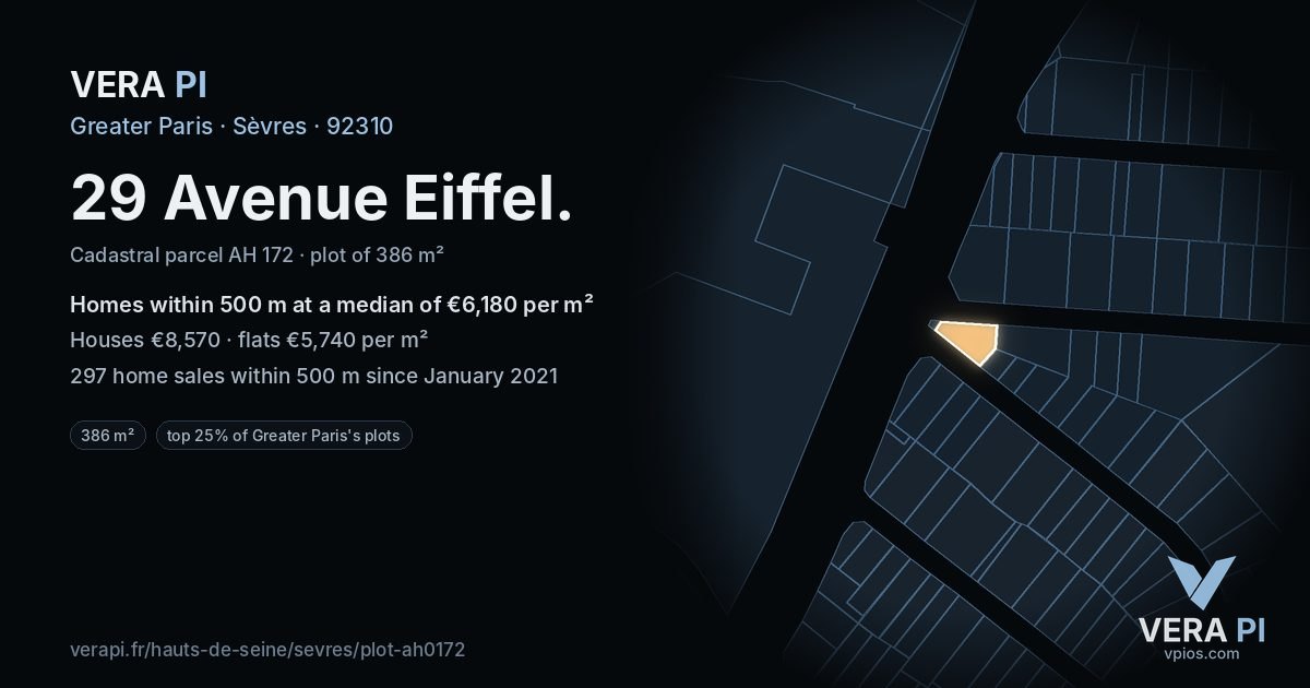 29 Avenue Eiffel, Sèvres at night – the plot lit, the parcels around coloured by the prices near them