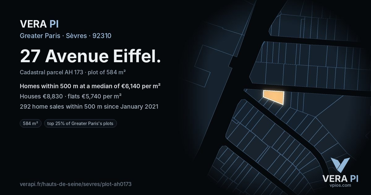 27 Avenue Eiffel, Sèvres at night – the plot lit, the parcels around coloured by the prices near them