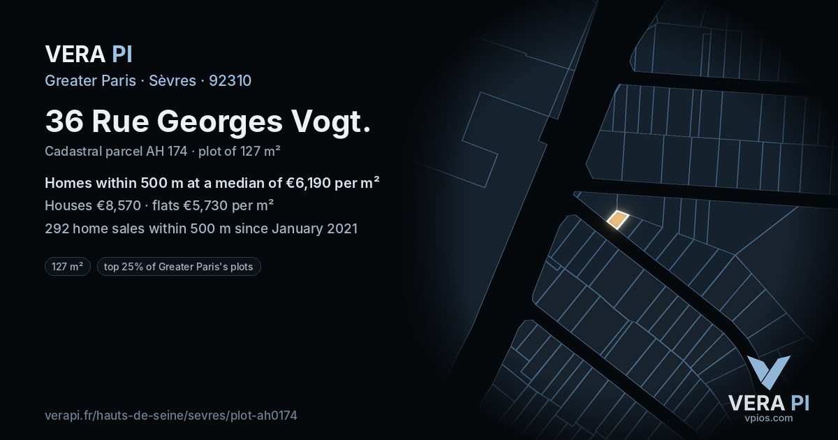36 Rue Georges Vogt, Sèvres at night – the plot lit, the parcels around coloured by the prices near them