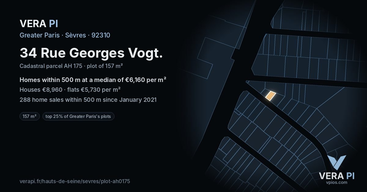 34 Rue Georges Vogt, Sèvres at night – the plot lit, the parcels around coloured by the prices near them