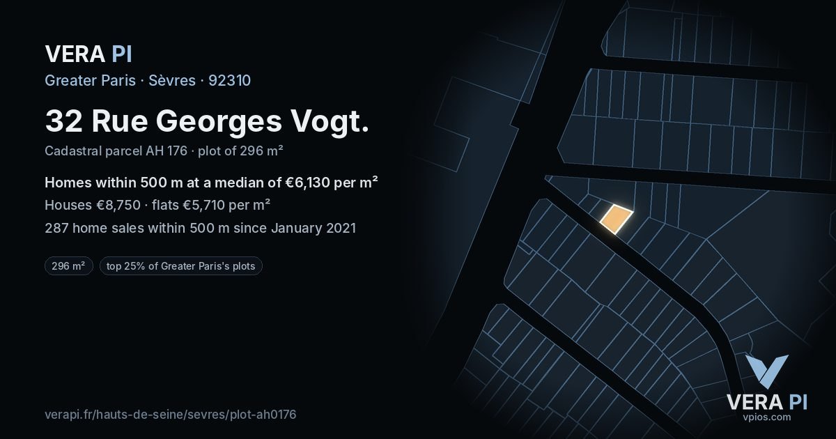 32 Rue Georges Vogt, Sèvres at night – the plot lit, the parcels around coloured by the prices near them