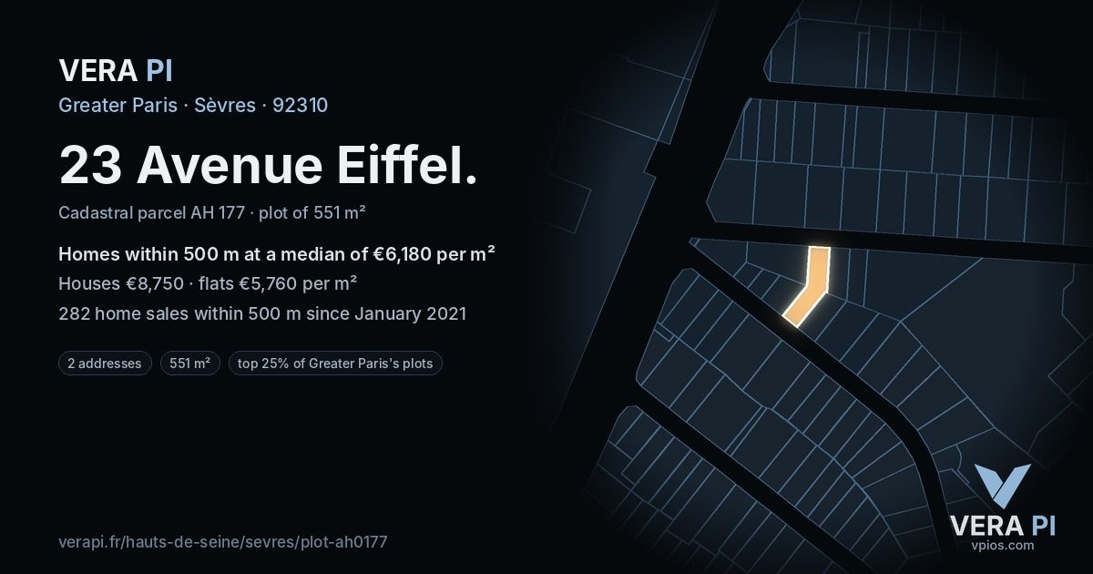 23 Avenue Eiffel, Sèvres at night – the plot lit, the parcels around coloured by the prices near them