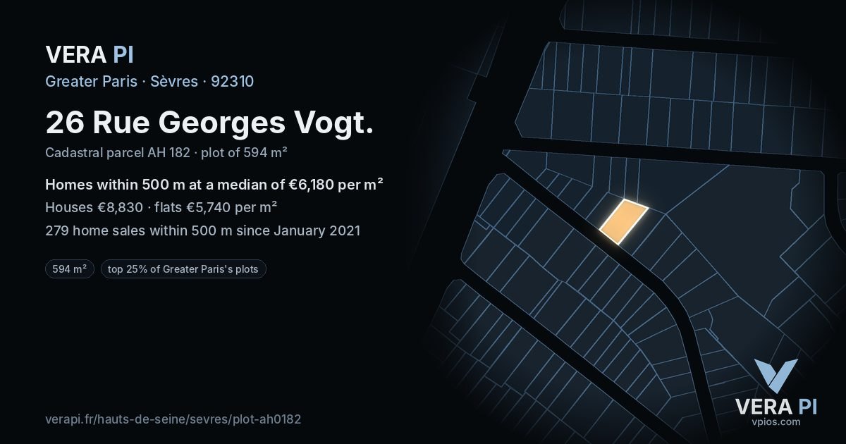 26 Rue Georges Vogt, Sèvres at night – the plot lit, the parcels around coloured by the prices near them