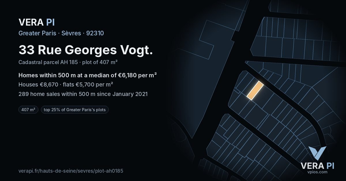 33 Rue Georges Vogt, Sèvres at night – the plot lit, the parcels around coloured by the prices near them