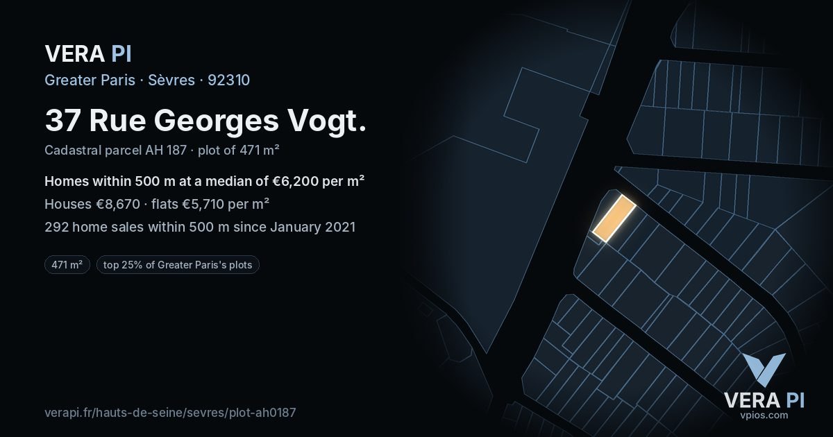 37 Rue Georges Vogt, Sèvres at night – the plot lit, the parcels around coloured by the prices near them