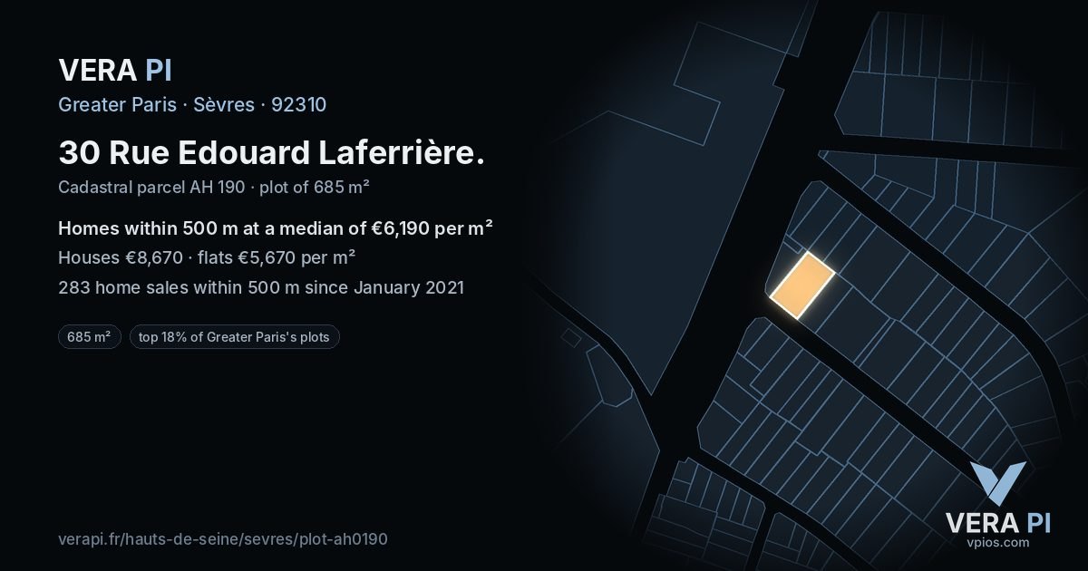 30 Rue Edouard Laferrière, Sèvres at night – the plot lit, the parcels around coloured by the prices near them